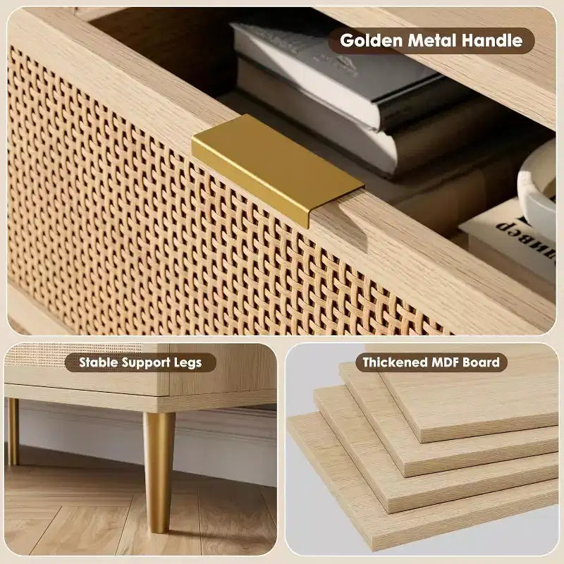 Comò/Cassettiera in Rattan Verticale a 5 Cassetti, Tonalità Legno, per Camera da Letto