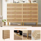 Comò/Cassettiera in Rattan Verticale a 5 Cassetti, Tonalità Legno, per Camera da Letto