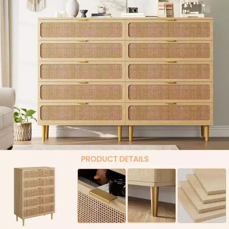 Comò/Cassettiera in Rattan Verticale a 5 Cassetti, Tonalità Legno, per Camera da Letto