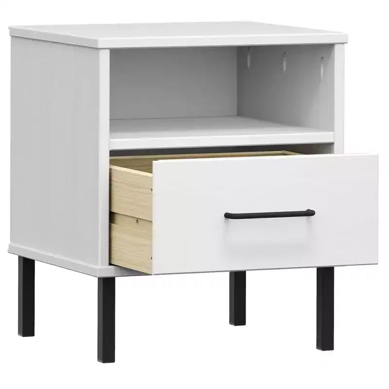 Comodino con cassetto e ripiano aperto in legno massello di pino