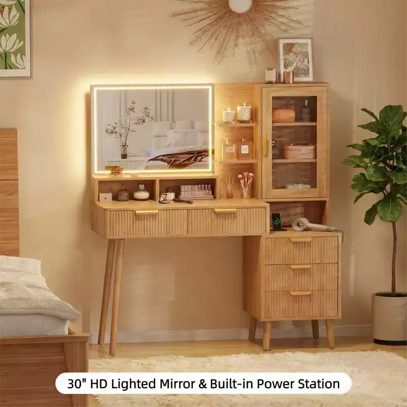 Toeletta Trucco con Specchio Illuminato, 5 Cassetti, Ciabatta Integrata e Porte USB