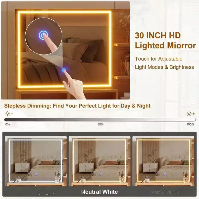 Toeletta Trucco con Specchio Illuminato, 5 Cassetti, Ciabatta Integrata e Porte USB
