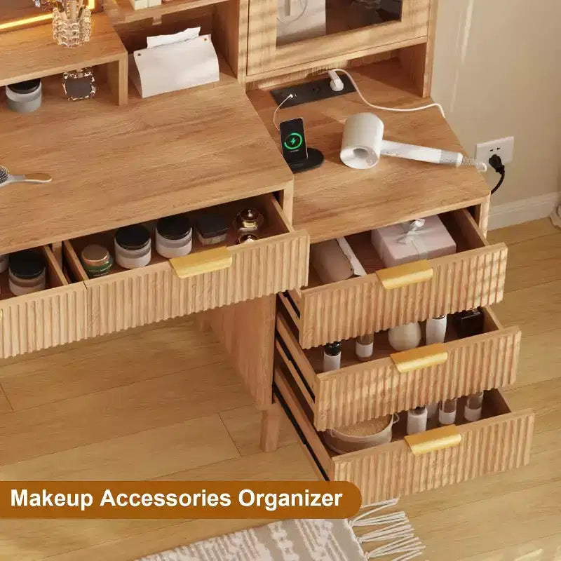 Toeletta Trucco con Specchio Illuminato, 5 Cassetti, Ciabatta Integrata e Porte USB