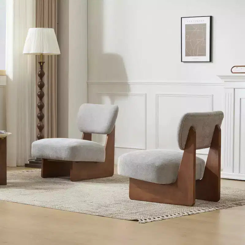 Set di 2 moderne poltrone lounge con rivestimento in poliestere e base in legno di noce