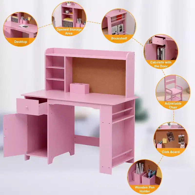 Scrivania per bambini con armadietto e cassetto - Rosa